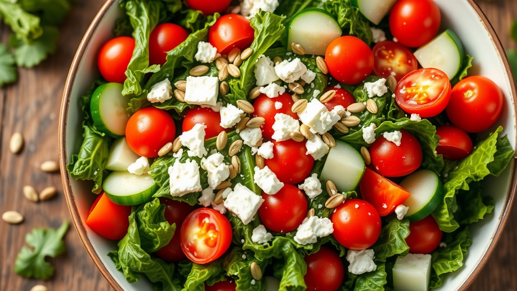 Fresh and Crisp Kale Salad with Lemon Dressing A fresh Kale Salad with cherry tomatoes and cucumbers on a wooden table, topped with feta and sunflower seeds.